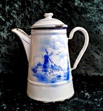 alte kl.Emaille Kanne,Kakaokanne,Teekanne,Holland/Windmühlen Motiv,blau/weiß 