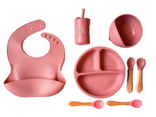 Silikon Baby Geschirr-Set  Teller mit Saugnapf Becher Schale Lätzchen Besteck