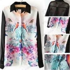 Bluse Langarmbluse Longbluse Tunika Vogel Asia Jungle Print 34 32 