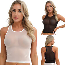 DE Danmen Mesh Top Netz Shirt Sexy Transparent Bauchfrei Crop Tops Nachtwäsche