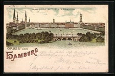Lithographie Hamburg-St.Georg, Totalansicht mit Alsterbassin 1896 