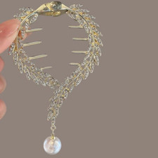 Haarspange mit Glitzersteinen hängende Perle Farbe Gold und Schwarz Haarklammer