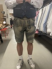 kurze Lederhose grau mit Gürtel oder Hosenträger antik look Leder Neu
