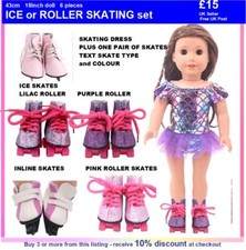 * £15 Eislaufen 3-teiliges Set. ROSA oder WEISS.  18 Zoll Puppe Unsere Generation Baby geboren DAF