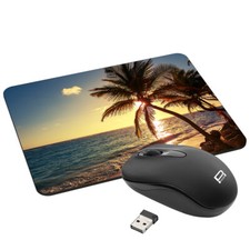 Kabellose optische Funkmaus + Gaming Mauspad mit Design, Strand Beach Palme Meer
