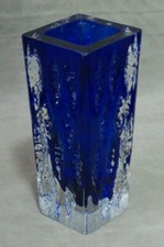 VASE BLUMENVASE TISCHVASE GLASVASE BLOCKVASE 60ER 70ER ÜBERFANGGLAS BLAU KLAR