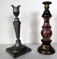 zwei Kerzenleuchter Biedermeier Zinn Glas beschädigt