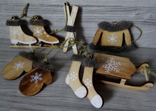 6 tlg. Christbaumschmuck--Holz--natur/braun--Baum Hänger-Schlitten,Ski,Handschuh