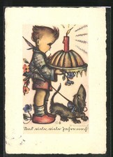 Künstler-AK Hummel: Kind mit Geburtstagskuchen und Dackel 1940 