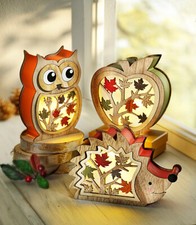 LED-Stimmungsleuchten Herbst 3er-Set Eule Igel Apfel mit warmweißen LED Leuchte