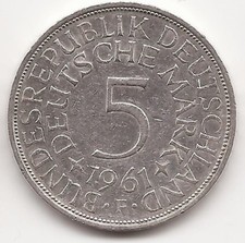 5 DM BRD 1961 F, STUTTGART, SILBER, sehr selten!