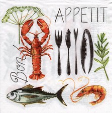 3 Servietten ~ Essen, Meeresfrüchte, Hummer, Fisch, Garnelen, Maritim ~ 33x33