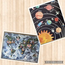 2 x ORIGINAL Poster von Frau Ottilie, wie NEU 50x70 *Weltkarte, Planeten*