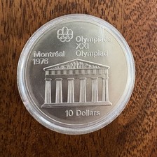 10 Dollar Silbermünze Olympia Montreal 1976 in Kapsel - Motiv Parthenon Tempel