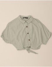 ZARA Damen Kurzarm-Hemdbluse vorne zum Binden UK 10 Small grün Baumwolle CG05
