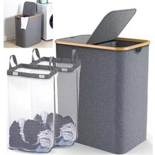 Wäschekorb m. Deckeln 150L Faltbare Wäschesammler 2 Fächer Wäschebox Wäschetruhe