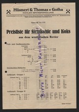 GOTHA, Preisliste für Steinkohle u. Koks Mai 1939, Hüsmert & Thomas Kohlenhandel