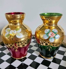 Murano Vasen rot & grün Glas 24K Gold vergoldet Überfang Vase Italien #736