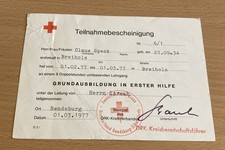 Deutsches Rotes Kreuz Teilnahmebescheinigung Grundausbildung Erster Hilfe 1977