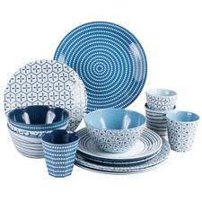 Melamin Geschirr Set Gläser Campinggeschirr blau weiß Essgeschirr Tafelservice