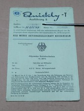 KFZ Betriebserlaubnis Registrierschein NSU Quickly T Motorfahrrad Moped 1960