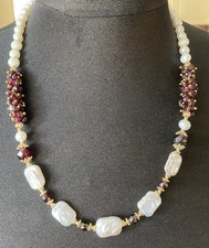 Halskette und Armband Set echte Perlen, Barock, Granat, Vergoldet