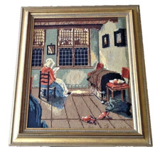 großes XXL Stickbild Handarbeit Lesende Frau im edlem Holzrahmen in Goldfarbe