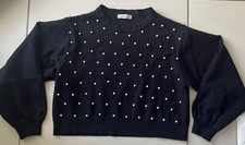 Zara Knit Strickpullover S schwarz mit Perlen cropped Ballonärmel Feinstrick