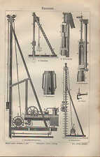 Lithografie 1909: Rammen. Zugramme Pulverramme Dampframme Handramme