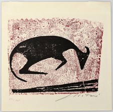 Matare, Liegende Kuh (nach rechts) I. [1958]. [Signierter Original-Holzschnitt].