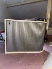 Aktenschrank Büroschrank, Weiß, Schiebetüren Grau, Abschließbar, Stapelbar