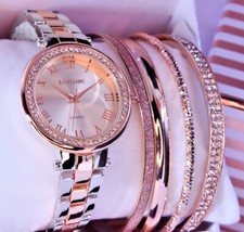 Damen Armband Uhr Bicolour Silber Rose Gold Farben 4 Armreifen Geschenk Set 2 
