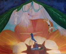 Fantasievolles Acrylbild:Elfen turnen in 1 Blüte. ,vom Künstleratelier HADASSA 