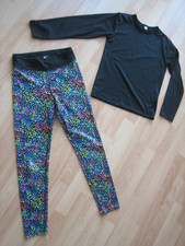 Mädchen Sportset Leggings und Langarmshirt Gr. 140/146, schwarz mit bunten Dots