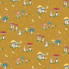 Baumwollstoff Pilze ab 0,5m  MUSHROOM VILLAGE Popeline ocker