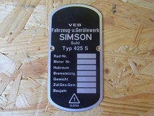 Typenschild VEB Fahrzeug und Gerätewerk Simson Suhl Typ 425 S