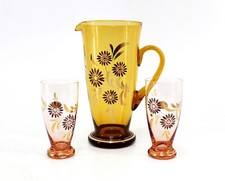 alter Glas Saftkrug Weinkrug H 27cm Henkel Krug 2 Gläser H 15cm antik