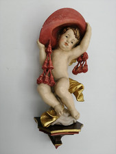 Holzfigur Amorette Putto auf Sockel Schnitzerei 30 cm Holz Figur Kardinalsengel