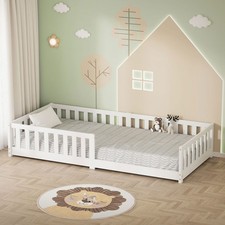 Kinderbett Holzbett Lattenrost Einzelbett Rausfallschutz Bett 90 x 200 cm Weiß