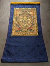 Alte sehr feine Thangka Malerei WHEEL OF LIFE, Lebensrad in Brokat aus Nepal