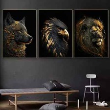 3er LEINWAND BILDER ABSTRAKT  Gold Löwe Wolf Adler Art Poster Rahmenlos