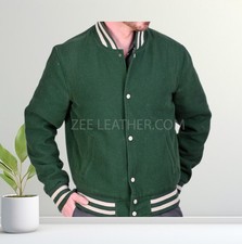 Green Men’s Letterman Varsity Jacket – Classic All Wool Baseball Style | Premium