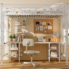 Hochbett 90x200cm Metallbett mit Schreibtisch und Regalen Kinder Jugendbett Weiß