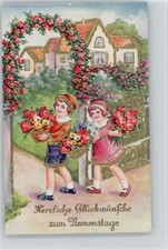 12023328 - Kinder mit Rosenkoerbe gehen durch ein Rosenspalier - Golddruck