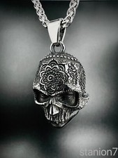 Totenkopf Skull Schädel Maske Lebens Blume Anhänger Edelstahl Kette Bike 346B