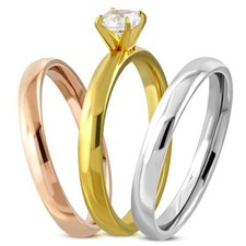Damen-Ring Edelstahl Solitärring Zirkonia Kristall 3-farbig Triple Dreierring 3