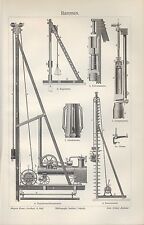 Lithografie 1908: Rammen. Zugramme Pulverramme Dampframme Handramme