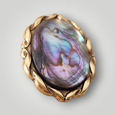 Vintage Abalone Shell Brooch Gold Tone Oval Pin 1960s Mother of Pearl Jewelry