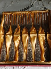6 ältere Kuchengabeln mit OVP Jami 100er Silber Auflage s. Fotos