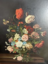 Prächtiges Blumenstillleben Ölgemälde mit Insekten & Schmetterling